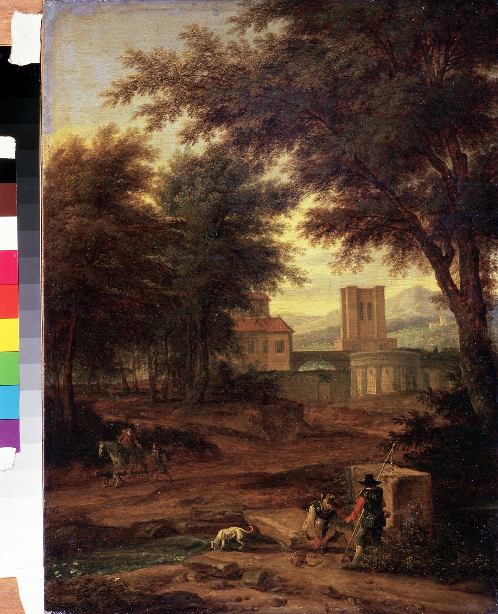 Italienische Landschaft mit Pilgern von Adriaen Boudewyns