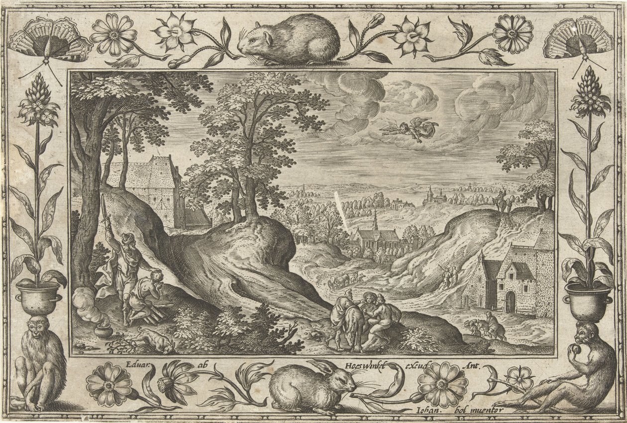 Abraham opfert Isaak (Landschaften mit biblischen, mythologischen Szenen und Jagdszenen) von Adriaen Collaert