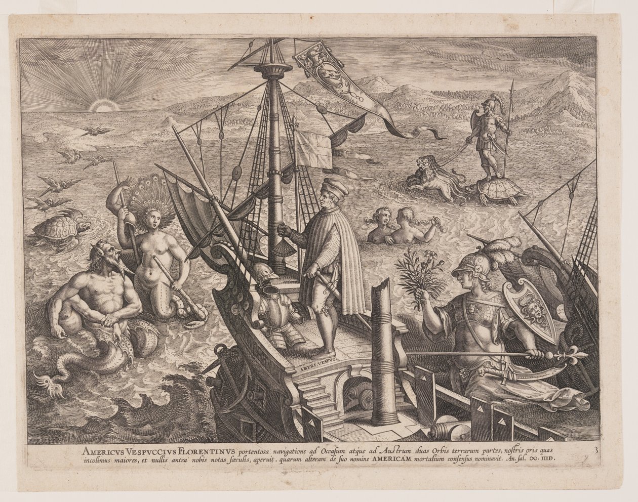 Amerigo Vespucci auf seinem Schiff, aus Americae Retectio (Die Entdeckung Amerikas) von Adriaen Collaert