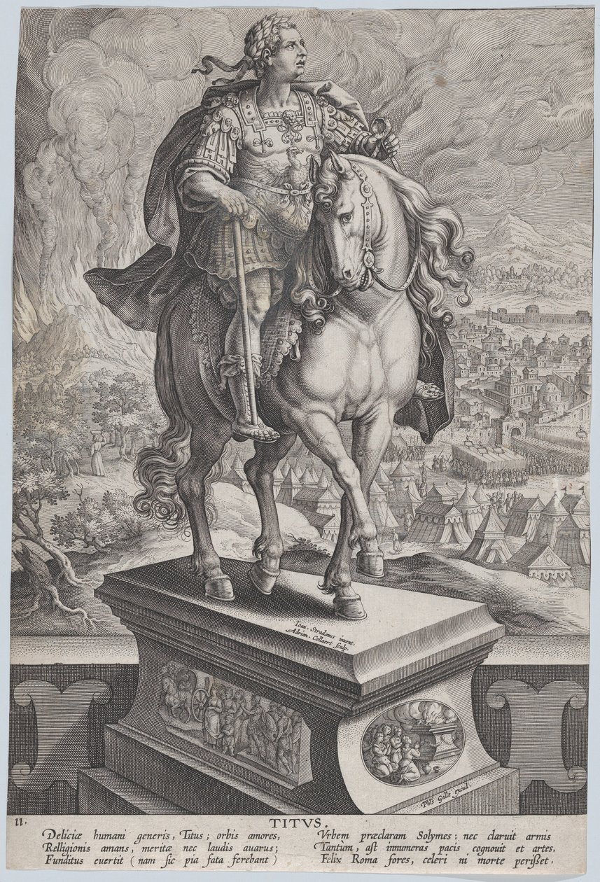 Tafel 11: Reiterstatue des Titus, dreiviertel rechts gesehen, Vesuv..., ca. 1587-89 von Adriaen Collaert