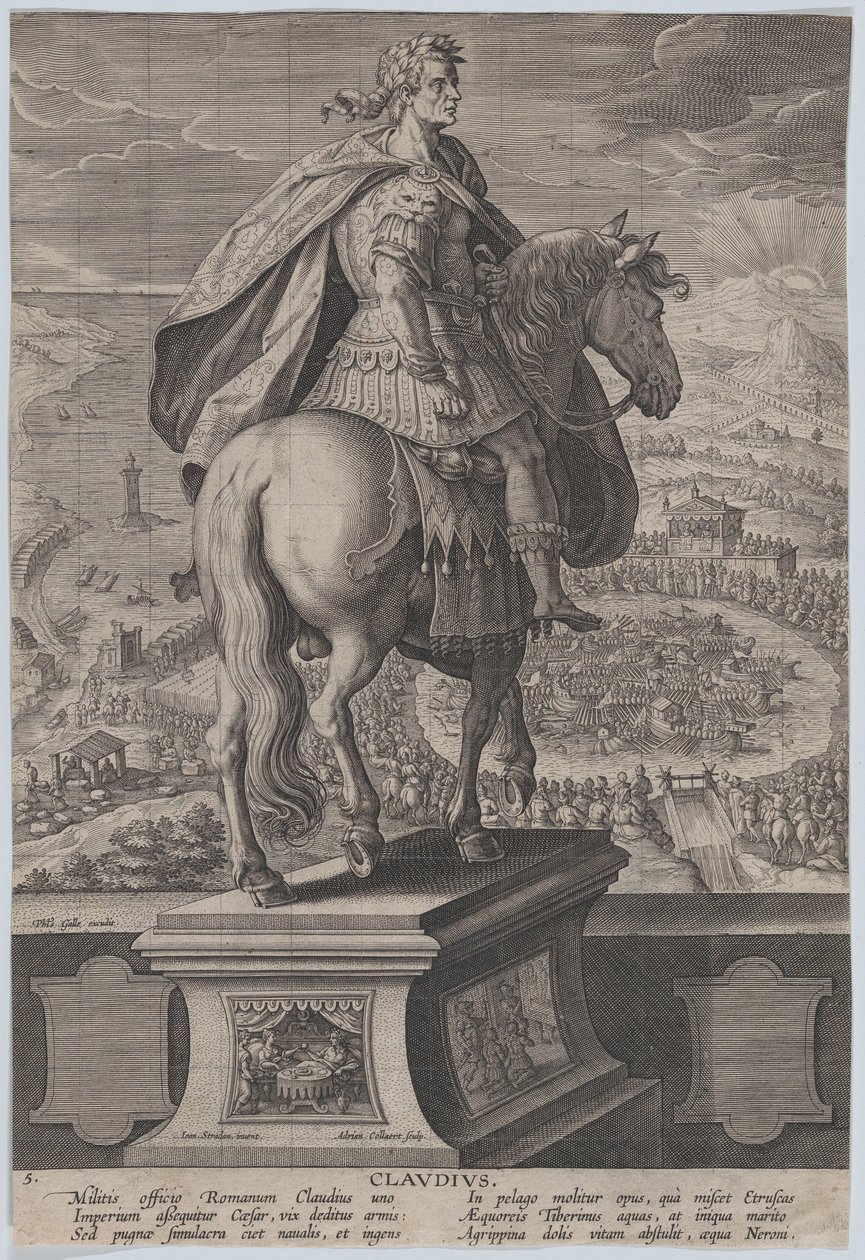 Tafel 5: Reiterstatue von Claudius, von hinten gesehen, ein Marinewettbewerb, ca. 1587-89 von Adriaen Collaert