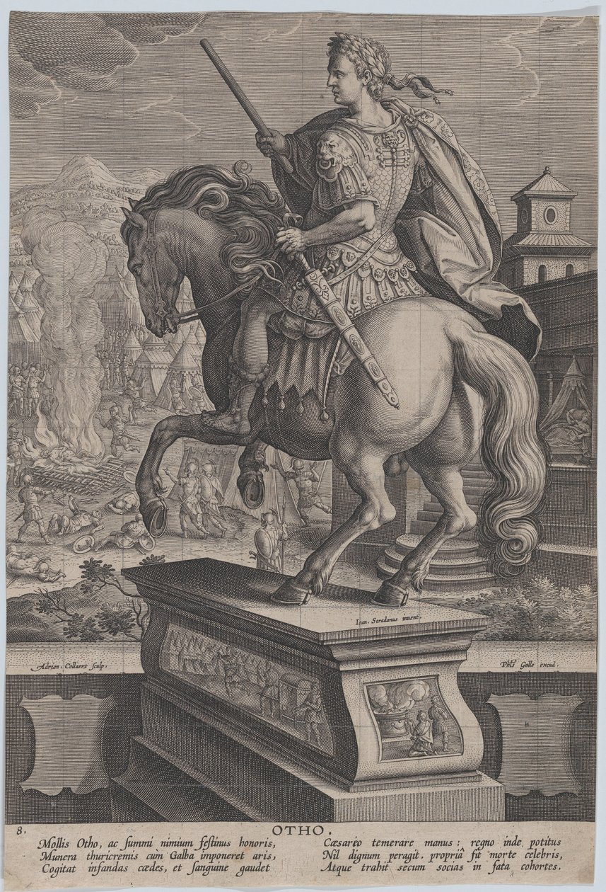 Platte 8: Reiterstatue von Otho, von hinten gesehen, seine Todesszene im Hintergrund, ca. 1587-89 von Adriaen Collaert