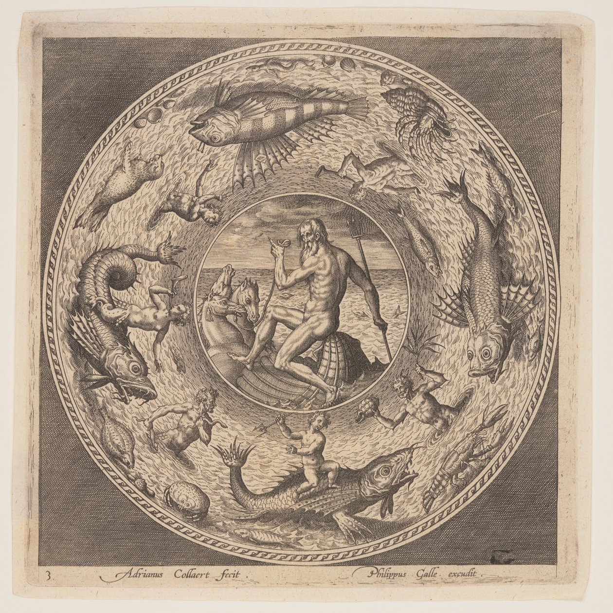 Poseidon, aus einer Serie von Entwürfen für Teller (Fonds de Coupe) von Adriaen Collaert