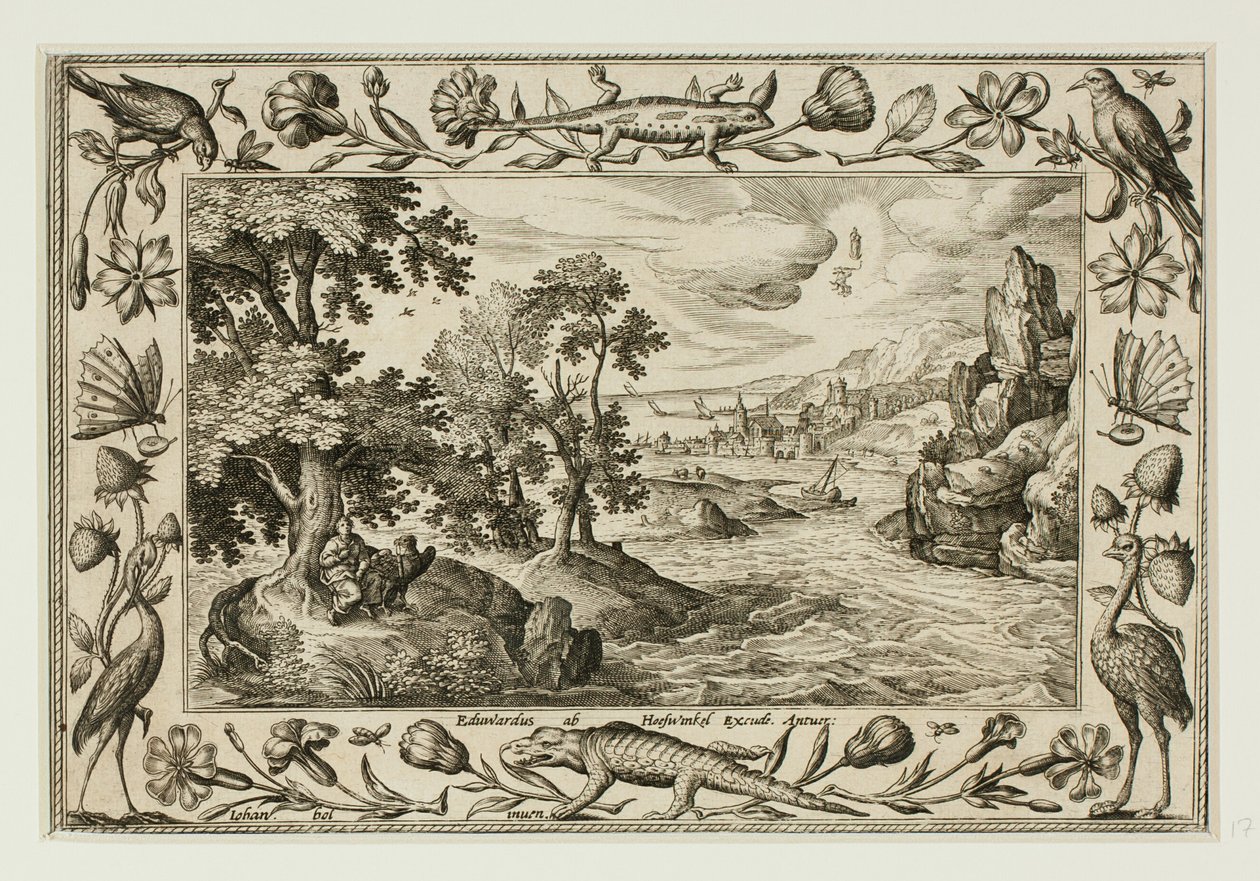 Sankt Johannes auf Patmos, aus Landschaften mit alten und neuen Testament-Szenen und Jagdszenen von Adriaen Collaert