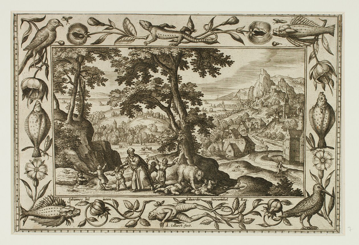 Die von Elija verfluchten und von der Bärin gefressenen spottenden Kinder, aus Landschaften mit alten und neuen Testamentsszenen und Jagdszenen von Adriaen Collaert
