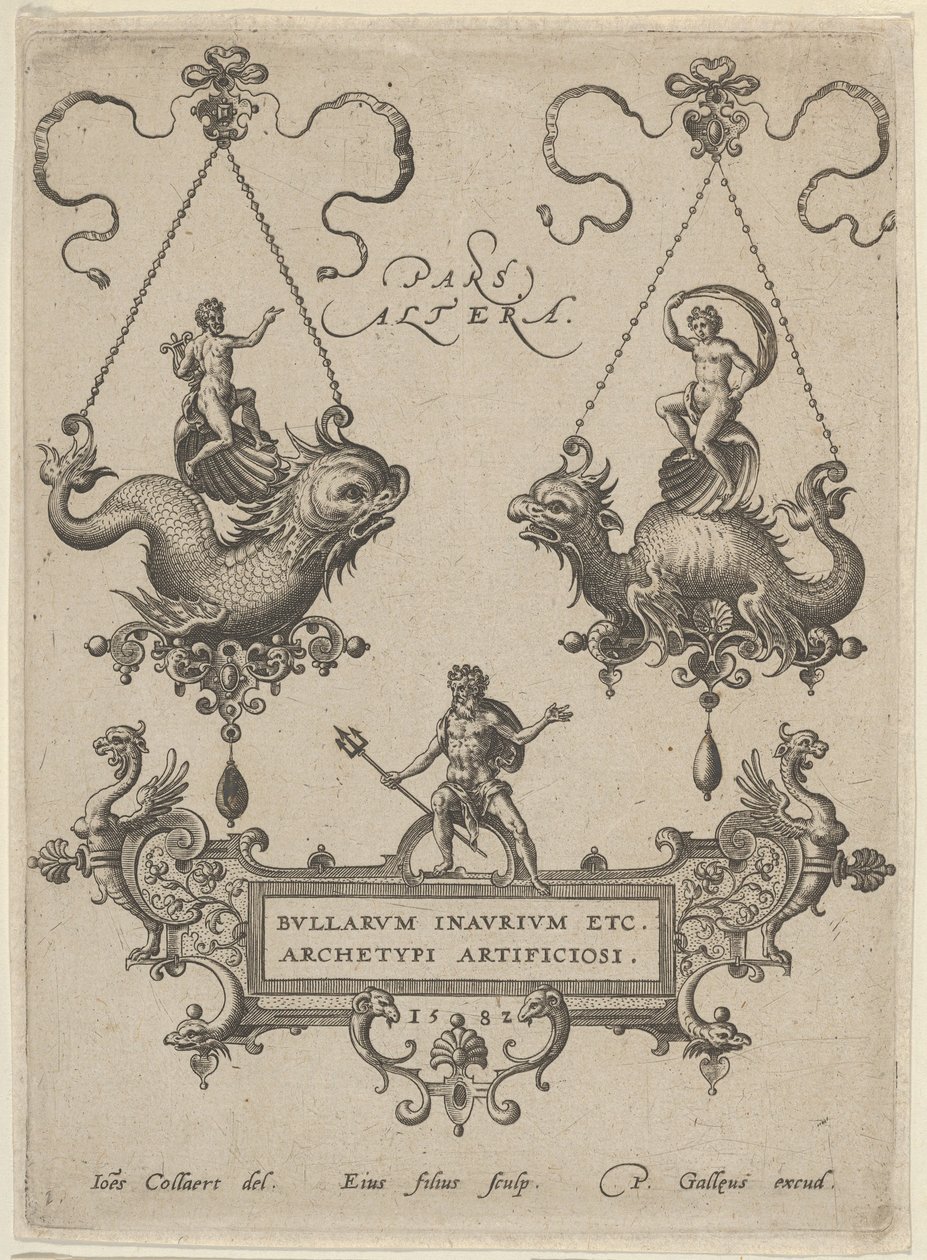 Titelblatt mit zwei Anhänger-Designs oben und Neptun, der auf einer Kartusche steht, unten, 1582 von Adriaen Collaert