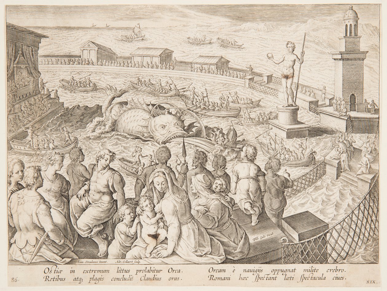 Walfang durch Kaiser Claudius im Hafen von Ostia, Tafel 19 in der Serie Venationes Ferarum, Avium, Piscium von Adriaen Collaert