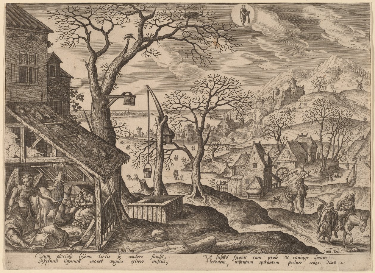 Der Engel sagt Joseph, er solle fliehen und die Flucht nach Ägypten von Adriaen Collaert after Hans Bol
