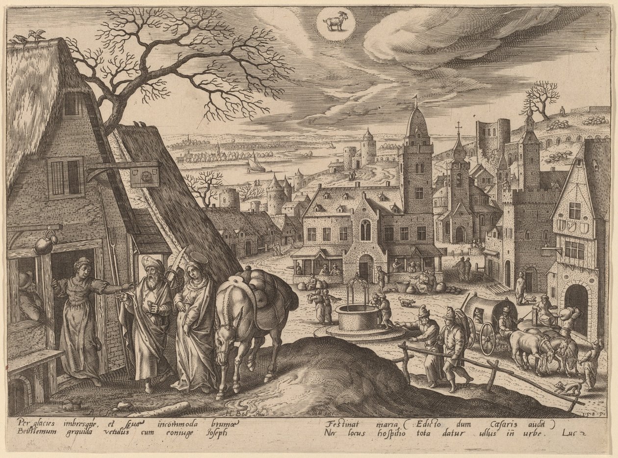 Die Jungfrau und Joseph im Gasthaus von Adriaen Collaert after Hans Bol