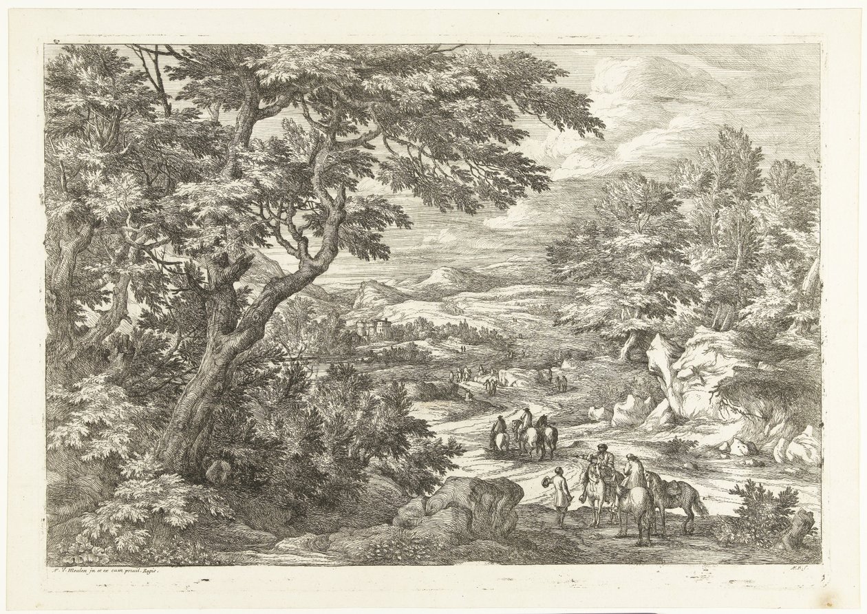 Landschaft mit Jägern auf dem Heimweg, in der Ferne ein Schloss (Landschappen met jagers) von Adriaen Frans Boudewyns