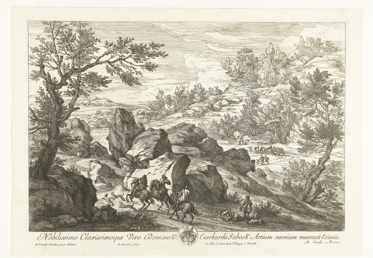Landschaft mit Reitern bei Felsen (Landschaften mit Jägern) von Adriaen Frans Boudewyns