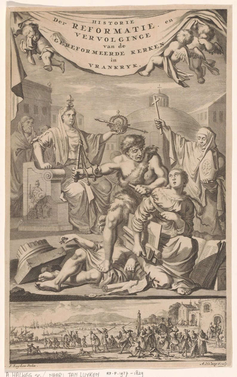 Titelblatt für: E. Benoist, Historie der Reformierten Kirchen von Frankreich, 1696 von Adriaen Haelwegh