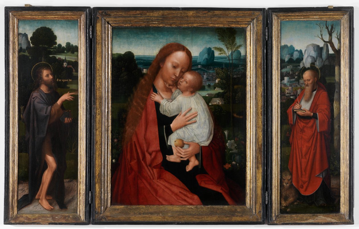 Madonna mit Johannes dem Täufer und St. Hieronymus von Adriaen Isenbrandt or Isenbrant