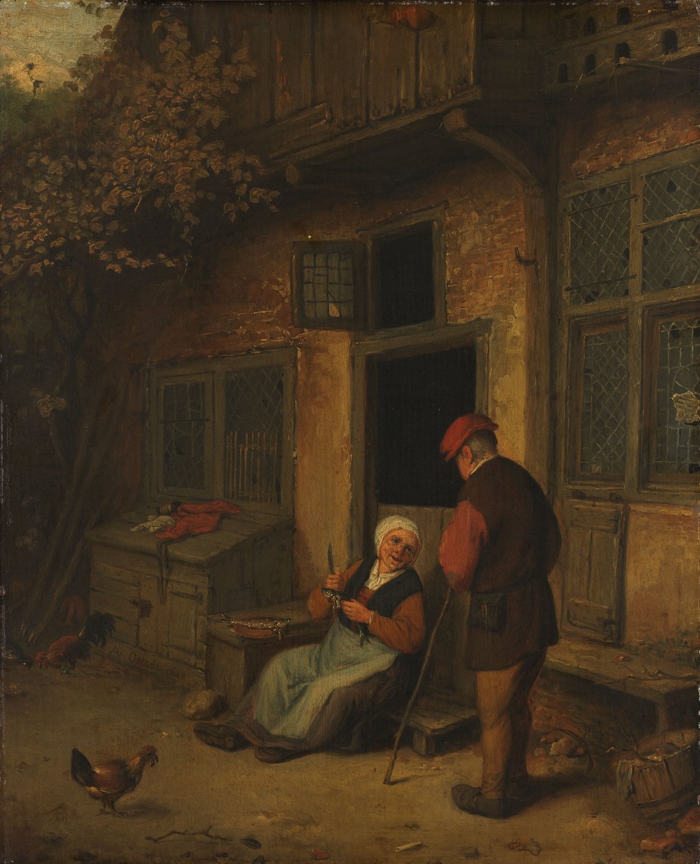 Eine Frau, die vor ihrem Haus Heringe ausnimmt von Adriaen Jansz. van Ostade