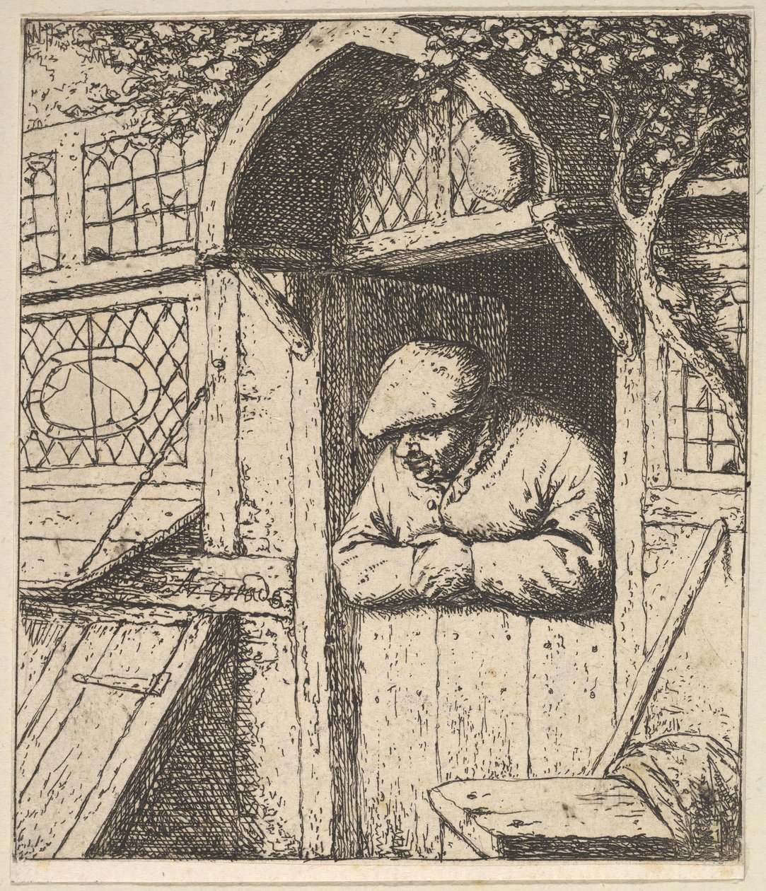 Bauer lehnt an Tür, 1610-85 von Adriaen Jansz. van Ostade