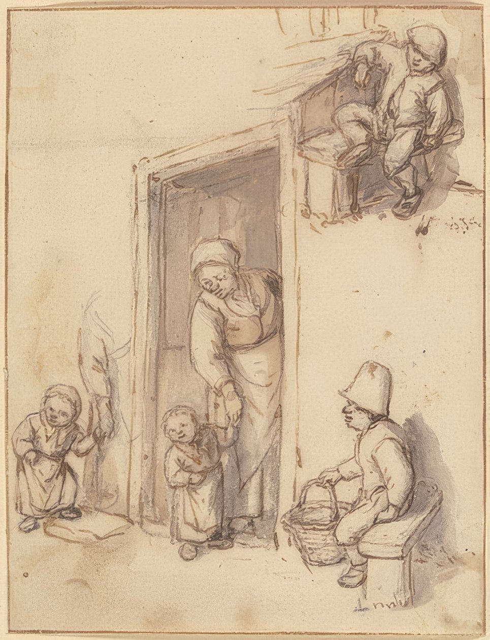 Studienblatt mit einer Mutter und ihrer Tochter in der Haustür, zwei sitzende Jungen von Adriaen Jansz. van Ostade