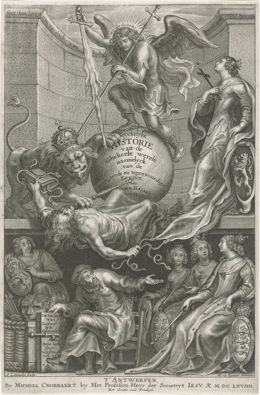 Allegorische Titelseite mit dem niedergeschlagenen Neid
Titelseite für: C. Hazart, Kirchengeschichte, 1669 von Adriaen Lommelin