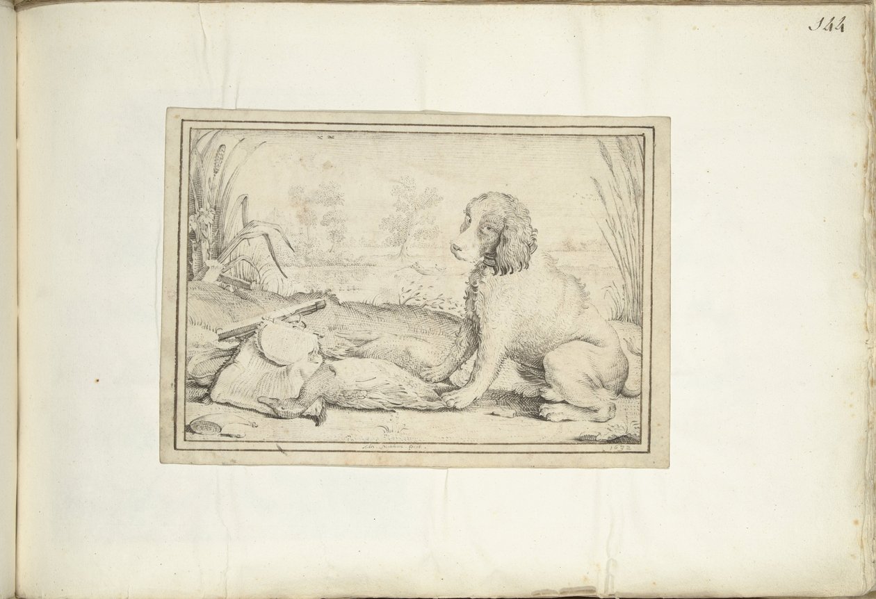 Hund neben Jagdausrüstung und Beute in Landschaft von Adriaen Matham (signed by artist)