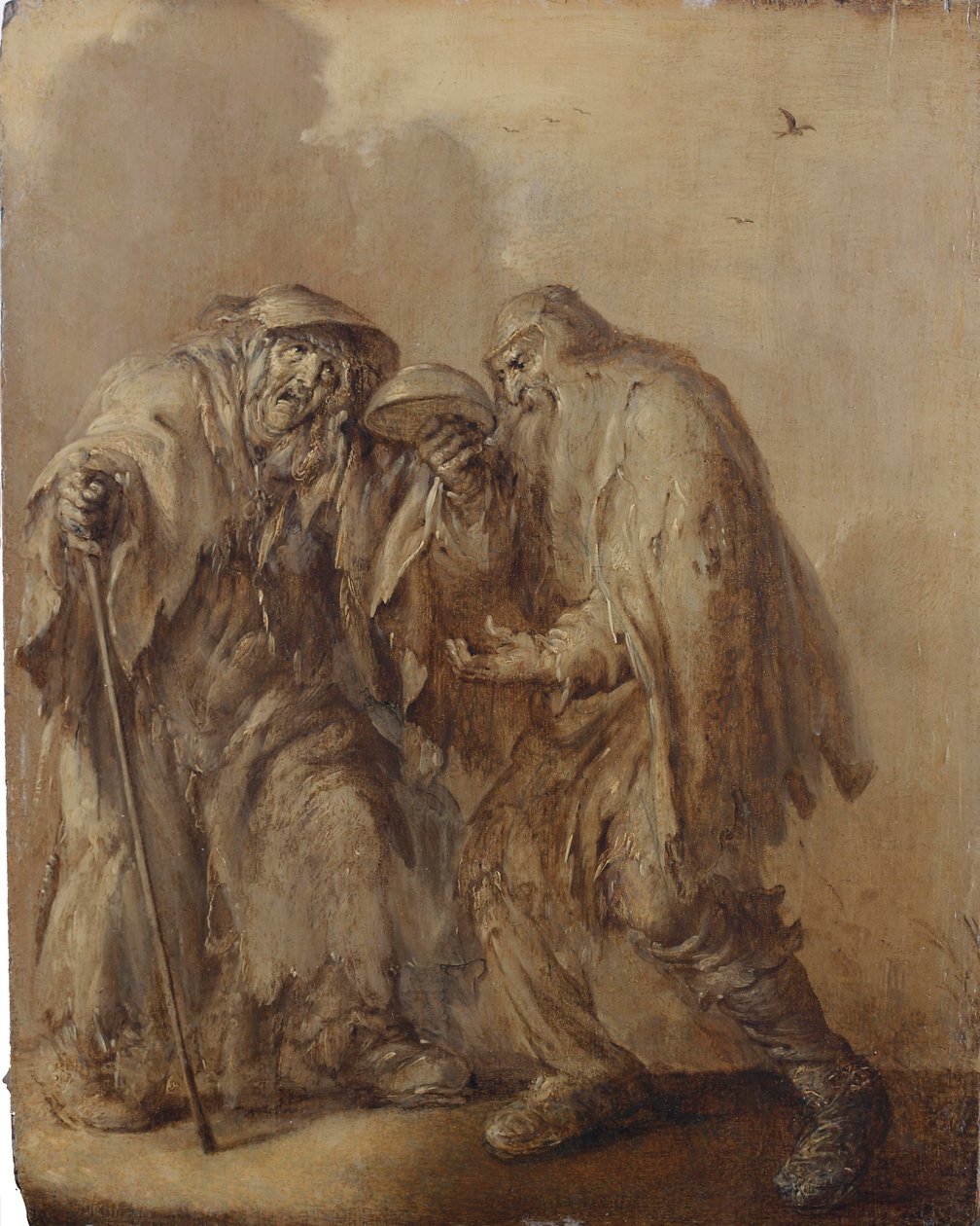 Ein älteres Bettlerpaar mit einer umgedrehten leeren Schüssel von Adriaen Pietersz. van de Venne