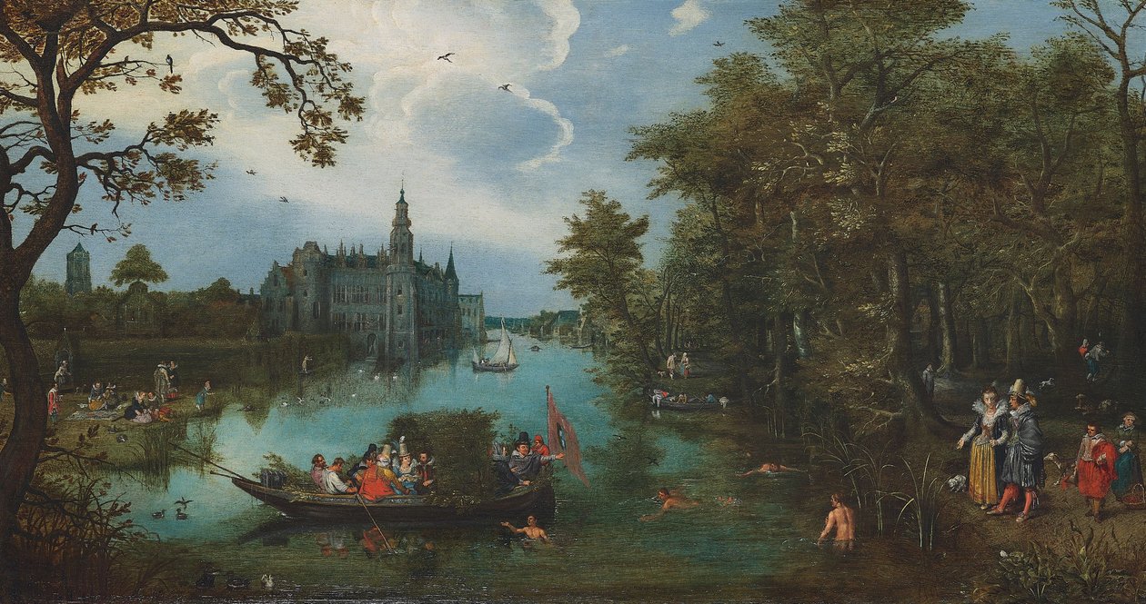 Sommerlandschaft mit Bootsparty und Badenden von Adriaen Pietersz. van de Venne
