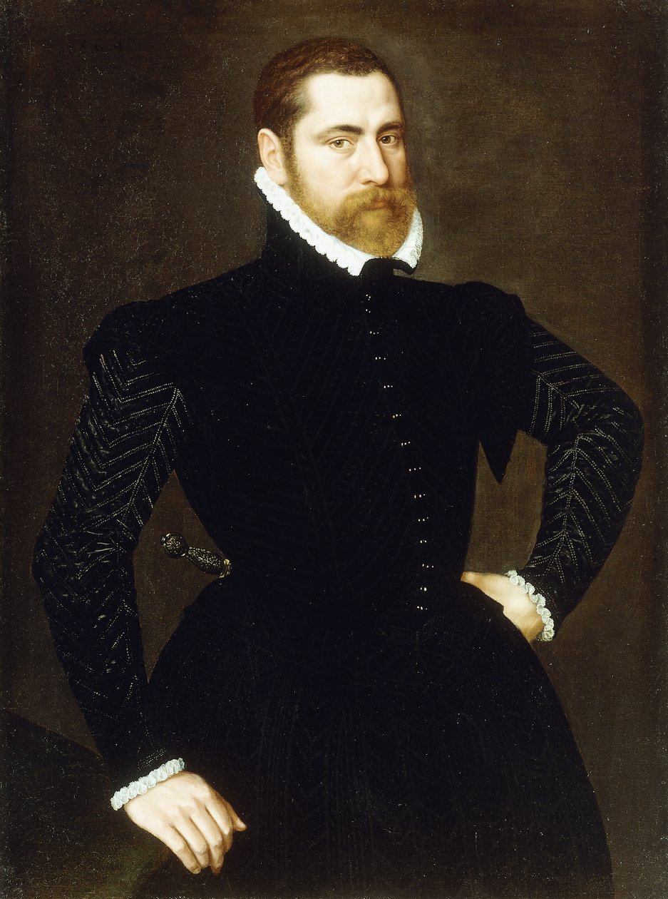 Porträt eines Gentlemans, dreiviertel Länge, in einem schwarzen Kostüm mit weißer Halskrause von Adriaen Thomasz Key