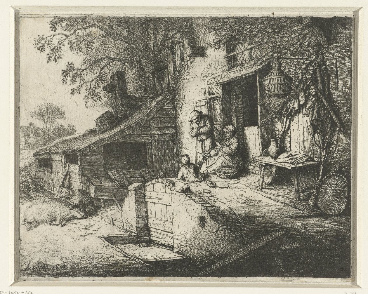 Spinnende Frau vor einem Haus von Adriaen van Ostade (signed by artist)