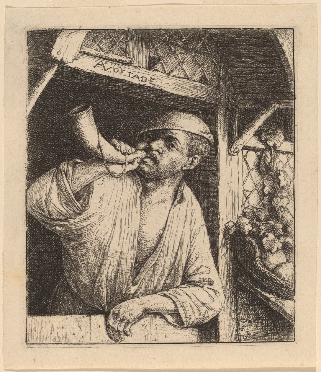 Bäcker bläst sein Horn von Adriaen van Ostade