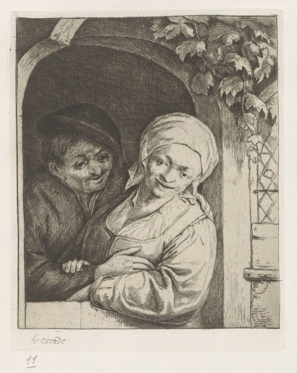 Bauer und Bäuerin als Liebespaar in der Türöffnung von Adriaen van Ostade
