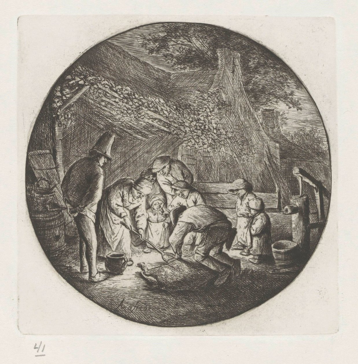 Bauernfamilie beim Schlachten eines Schweins von Adriaen van Ostade