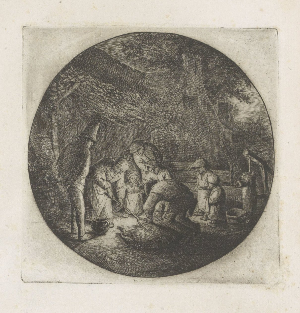 Bauernfamilie beim Schlachten eines Schweins von Adriaen van Ostade