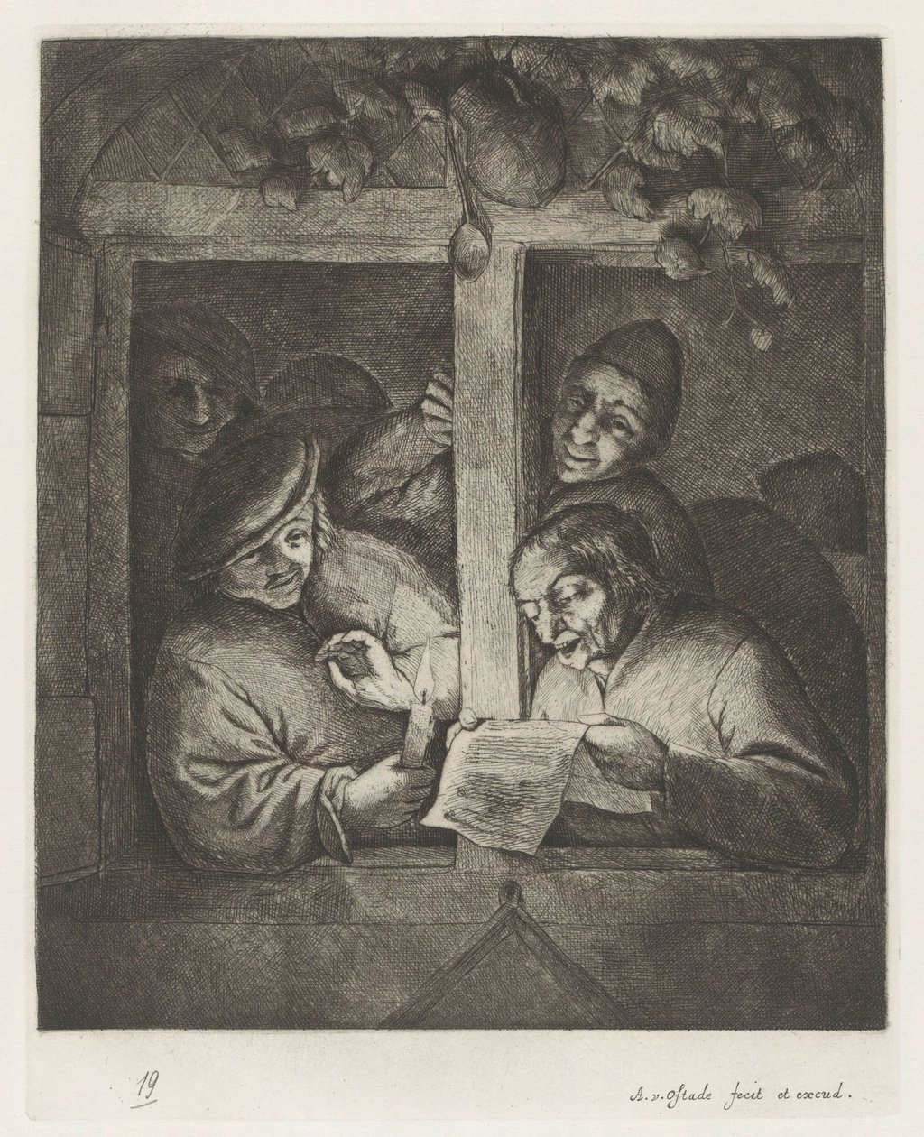 Drei Männer singen von einem Blatt Papier bei Kerzenlicht am offenen Fenster von Adriaen van Ostade