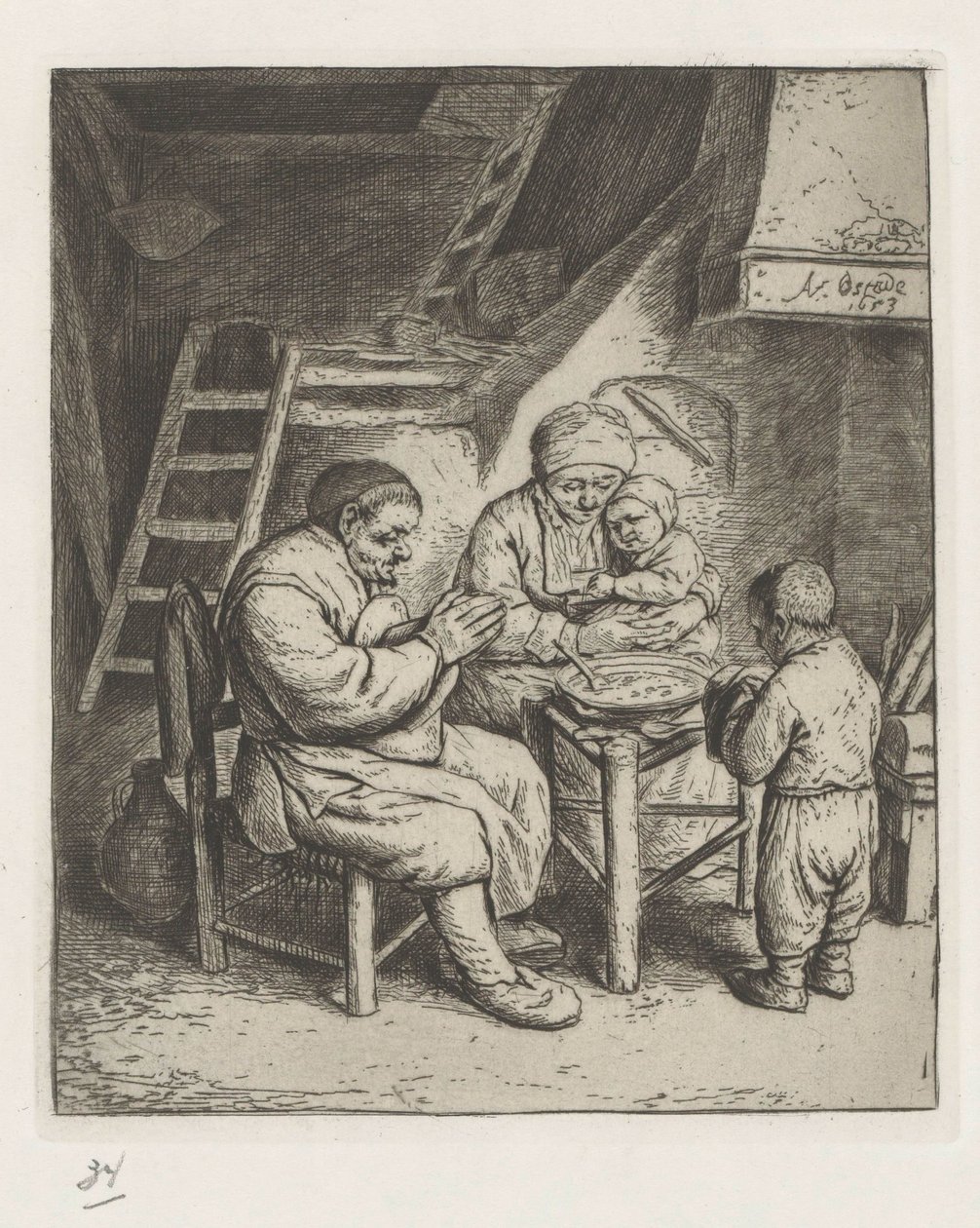 Familie am Tisch vor der Mahlzeit von Adriaen van Ostade