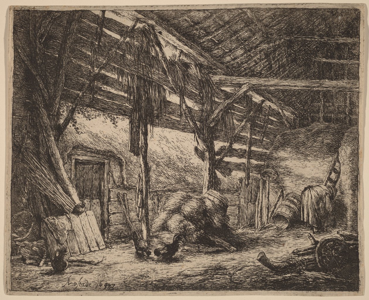 Innenraum einer Scheune mit einer Bäuerin bei der Arbeit von Adriaen van Ostade
