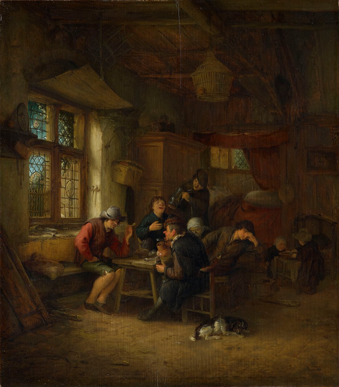 Innenraum einer Taverne mit fünf Bauern und einer Frau von Adriaen van Ostade