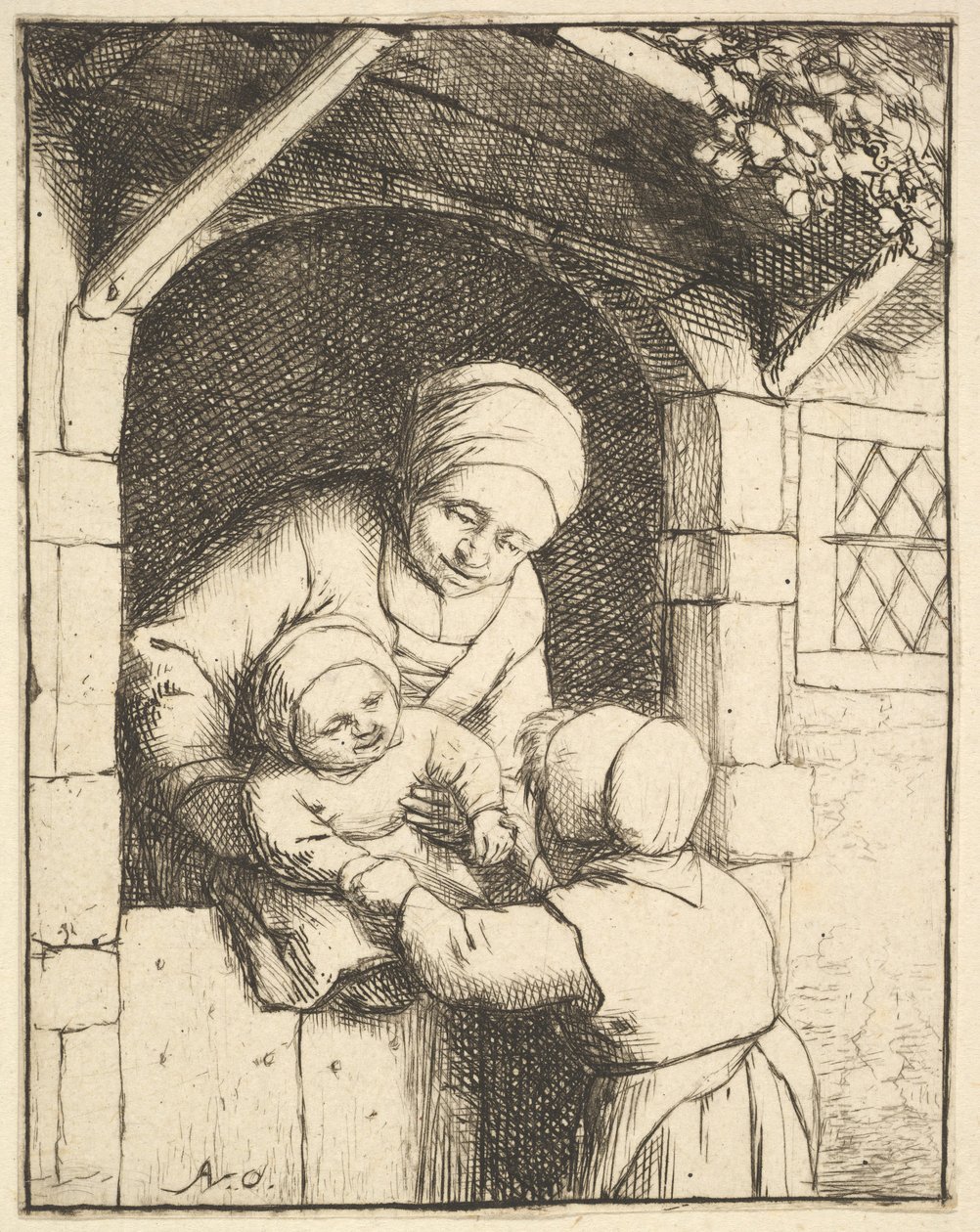 Kleines Mädchen spielt mit einem Baby in den Armen seiner Mutter von Adriaen van Ostade