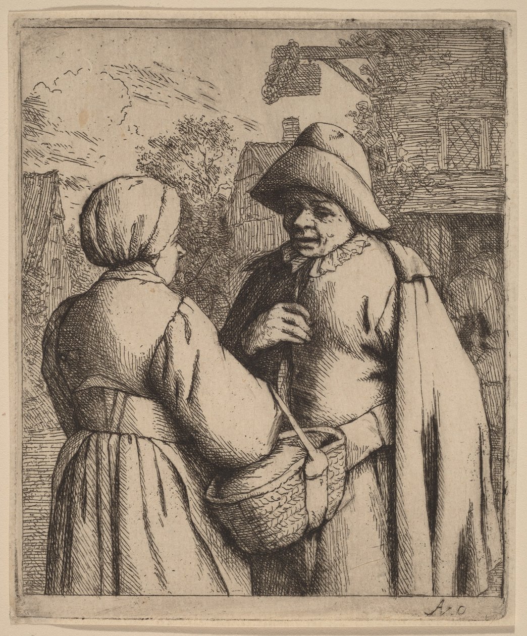 Mann und Frau im Gespräch vor einem Gasthaus von Adriaen van Ostade
