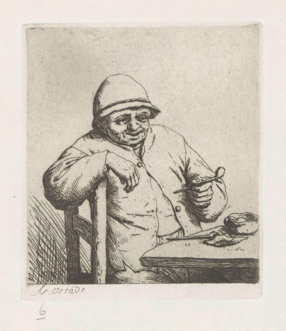 Rauchender Bauer mit dem Arm über einer Stuhllehne von Adriaen van Ostade
