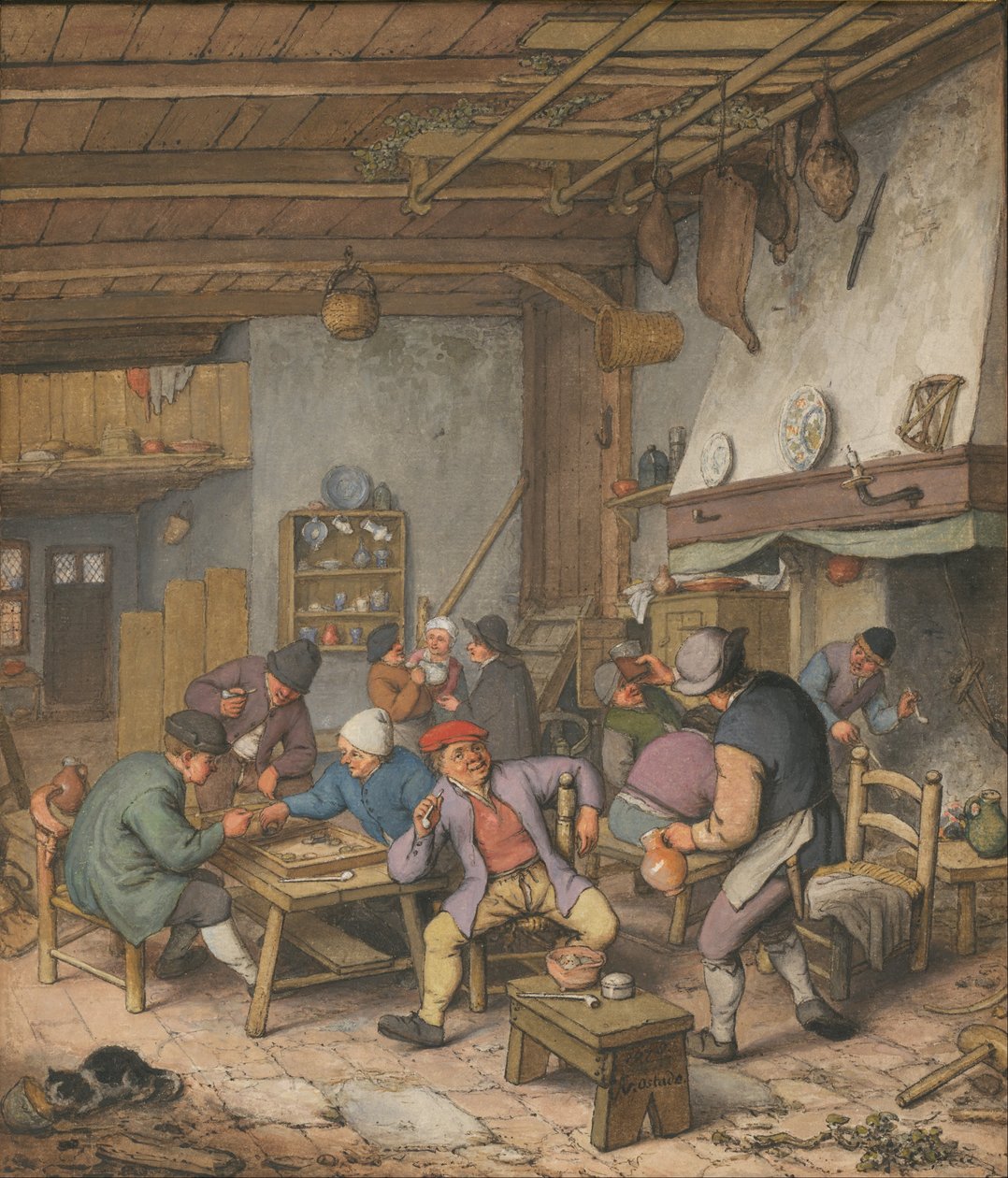 Raum in einem Gasthaus mit Bauern, die trinken, rauchen und Backgammon spielen, 1678 von Adriaen van Ostade