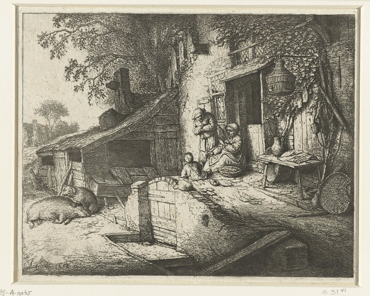 Spinnende Frau vor einem Haus von Adriaen van Ostade