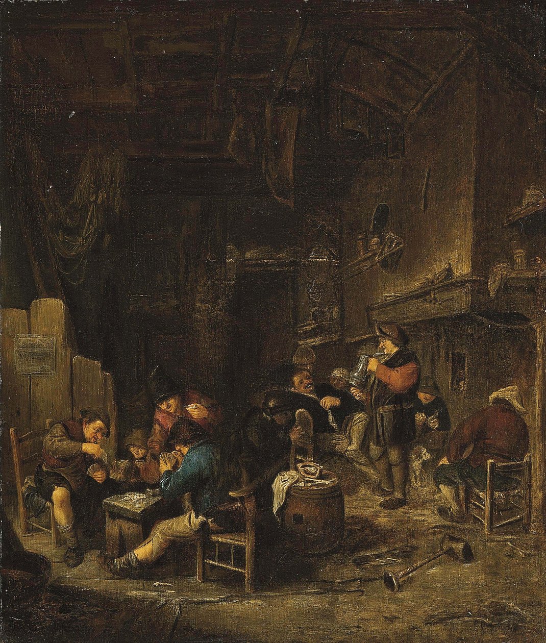 Taverneninterieur mit Bauern, die Karten spielen, rauchen und trinken von Adriaen van Ostade