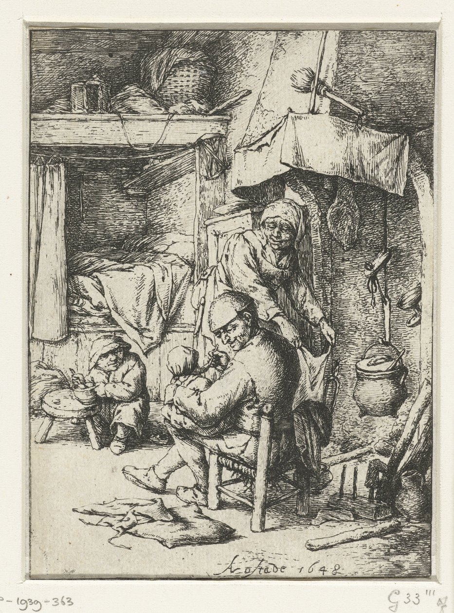 Vater mit Kind auf dem Schoß im Innenraum von Adriaen van Ostade