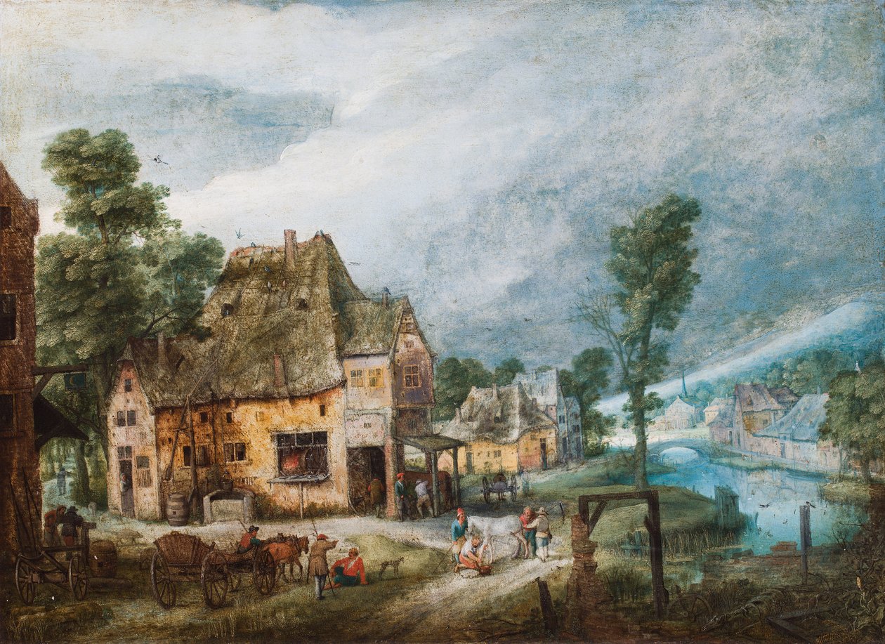 Ein Dorf neben einem Fluss mit Figuren von Adriaen van Stalbemt