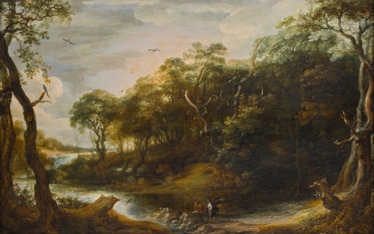 Landschaft mit dem Engel Raphael und Tobias, der den Fisch aufschneidet (Tobit 6,1-5) von Adriaen van Stalbemt