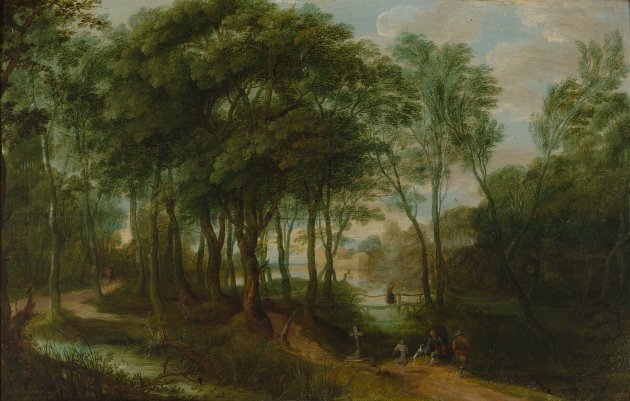 Spaziergänger in einem Unterholz, eine Architektur im Hintergrund von Adriaen van Stalbemt