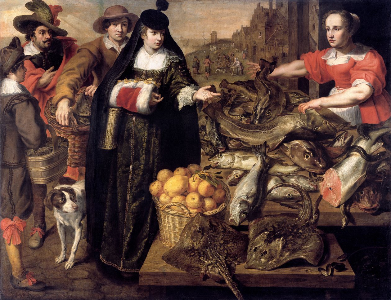 Eine Dame auf dem Fischmarkt in Antwerpen, 1630-1640 von Adriaen van Utrecht