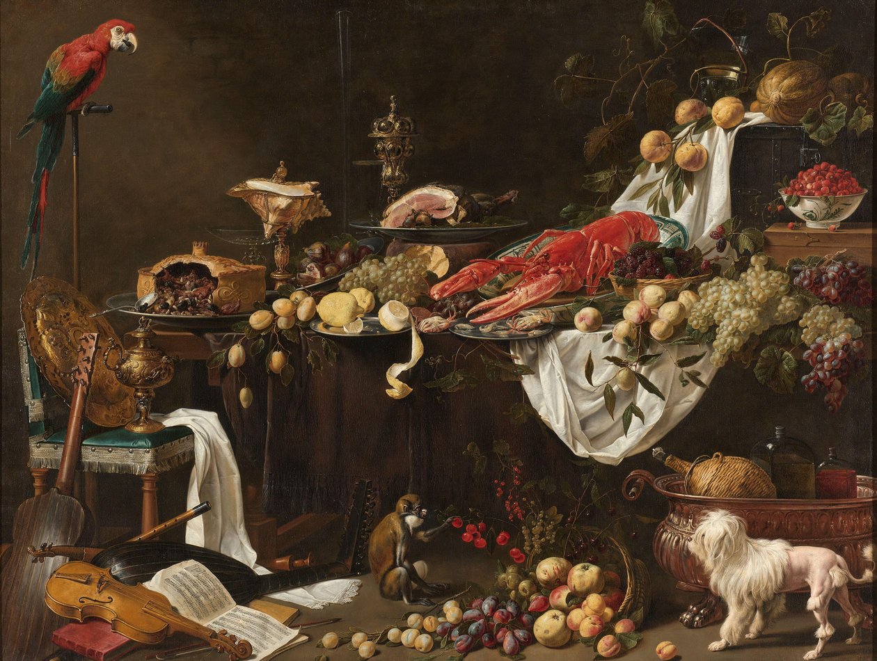 Prunkstillleben mit einem Papagei, Hund und Affe von Adriaen van Utrecht