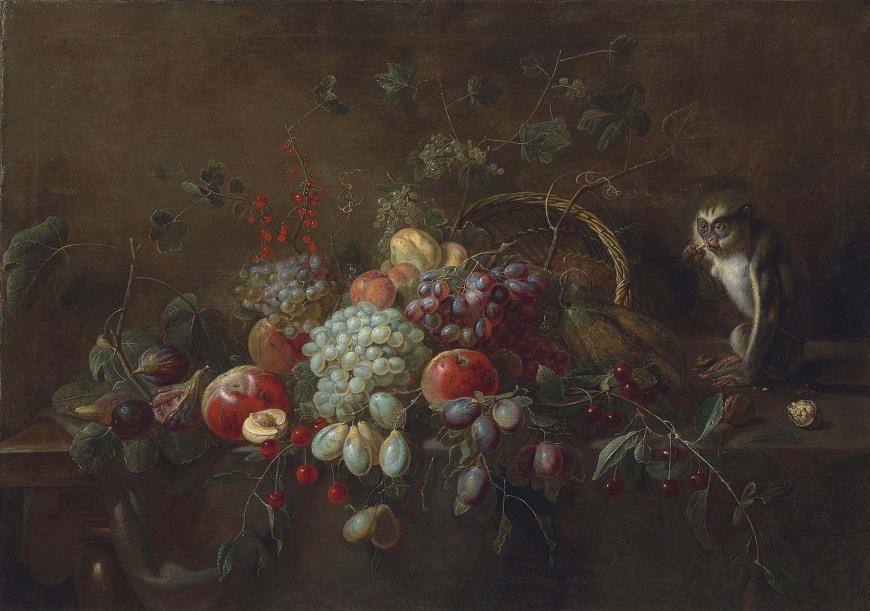 Trauben, Äpfel, Pflaumen, Feigen und anderes Obst auf einem teilweise drapierten Holztisch, ein Affe isst Walnüsse neben einem umgestürzten geflochtenen Korb von Adriaen van Utrecht
