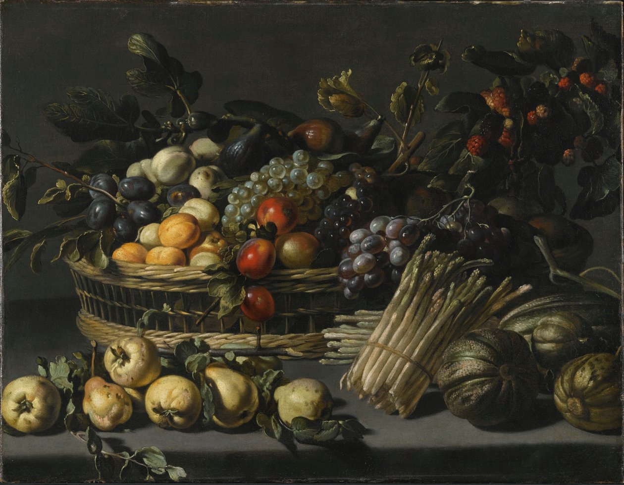Stillleben mit Früchten in einem Korb, umgeben von Quitten, Melonen und Spargel auf einem Sims von Adriaen van Utrecht