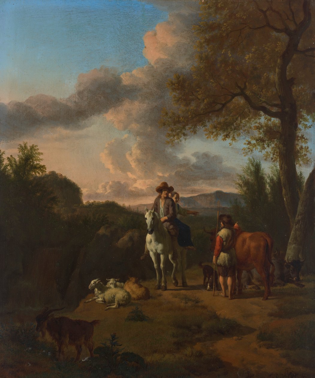 Italienische Landschaft mit einem Mann und einer Frau auf einem weißen Pferd, die einen Hirten nach dem Weg fragen von Adriaen van de Velde