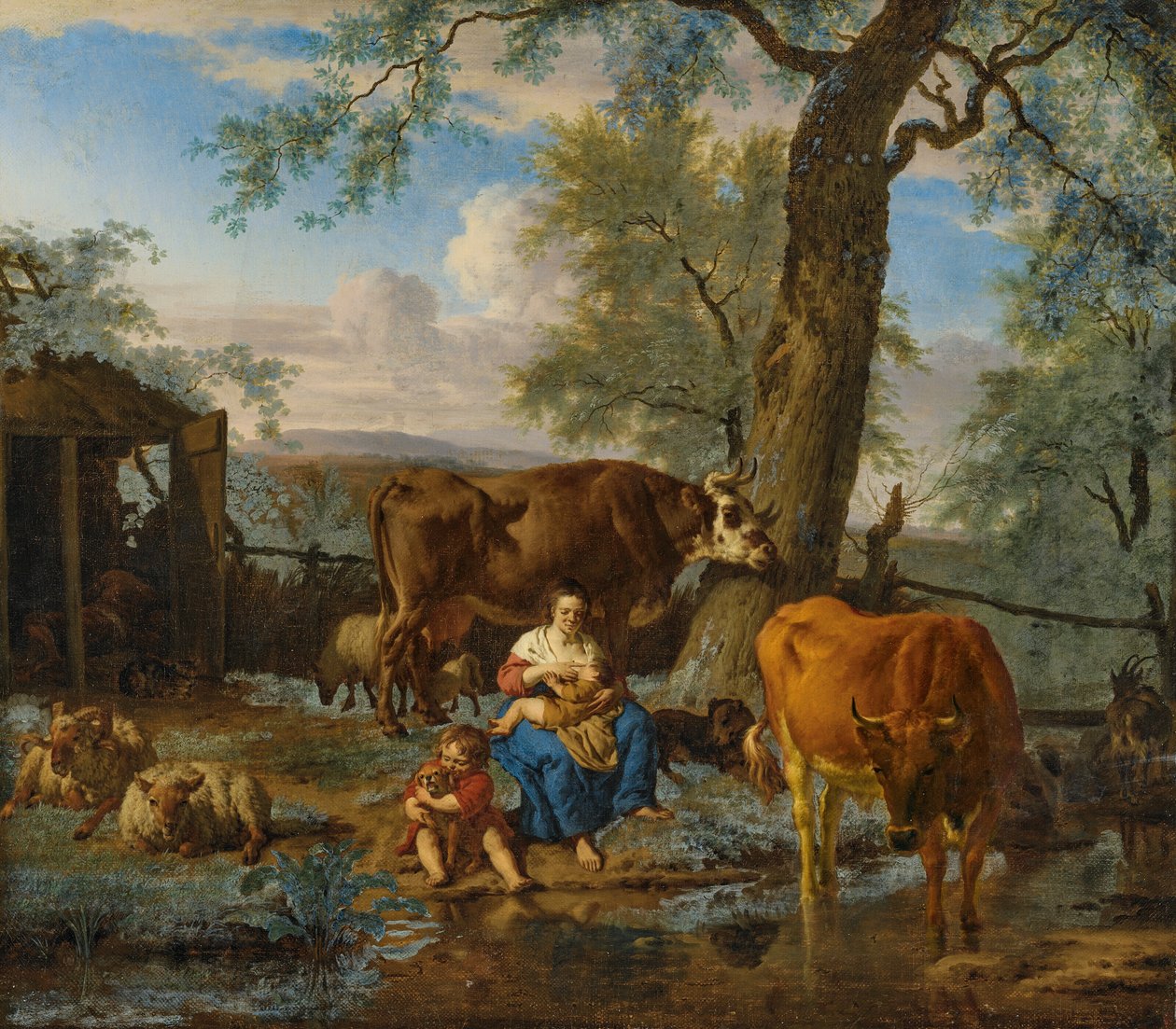 Vieh mit stillender Frau und Kind, das mit einem Hund spielt von Adriaen van de Velde